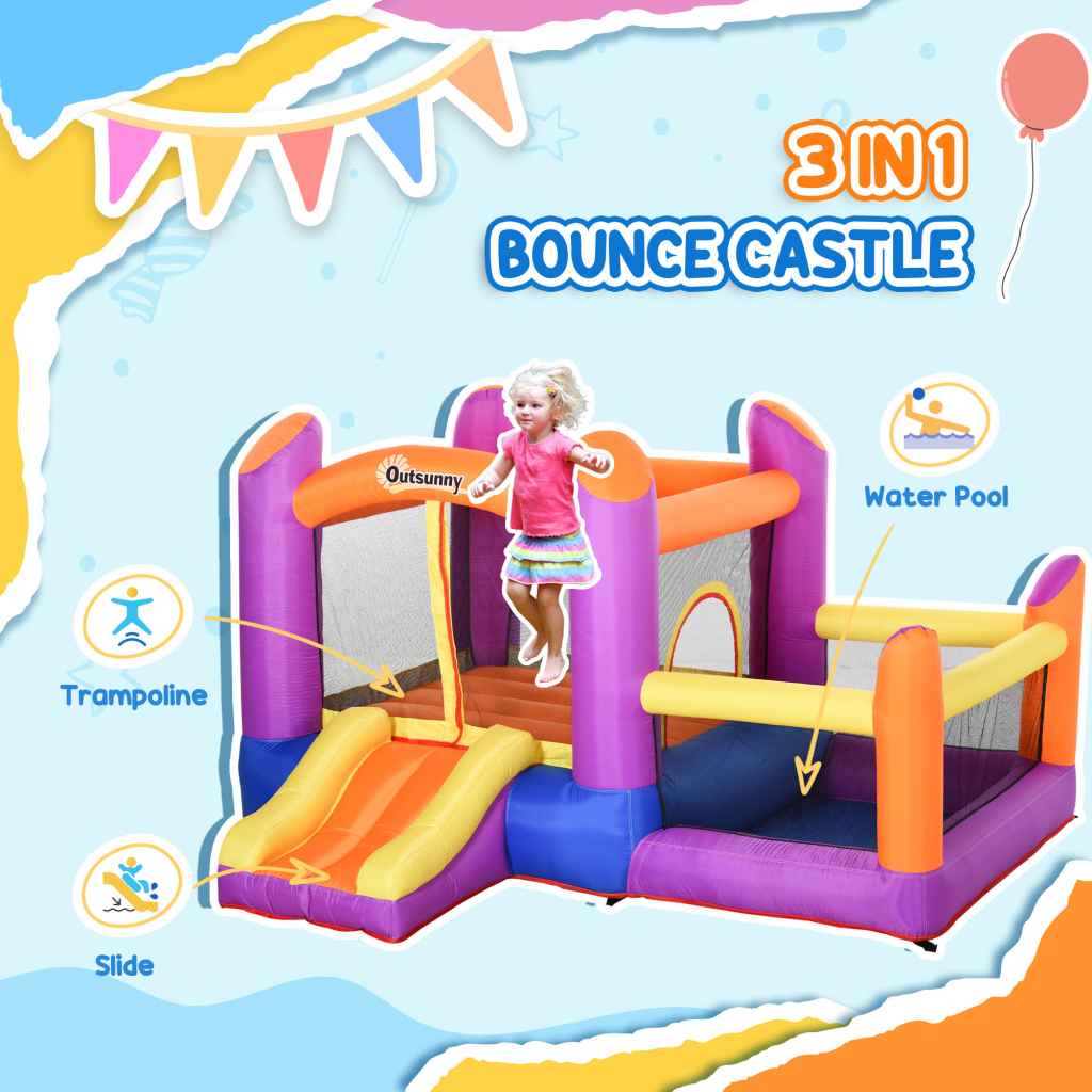 Outsunny 3-in-1 Kids Inflatable Bouncy Castle with Slide, Splash Pool & Air Blower – Multi-Colour