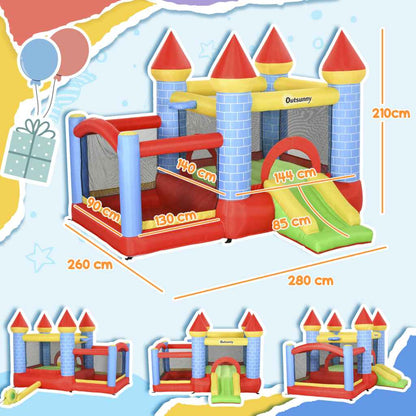 Outsunny 4-in-1 Kids Inflatable Bouncy Castle with Slide, Splash Pool, Basketball Hoop & Air Blower – Castle Design