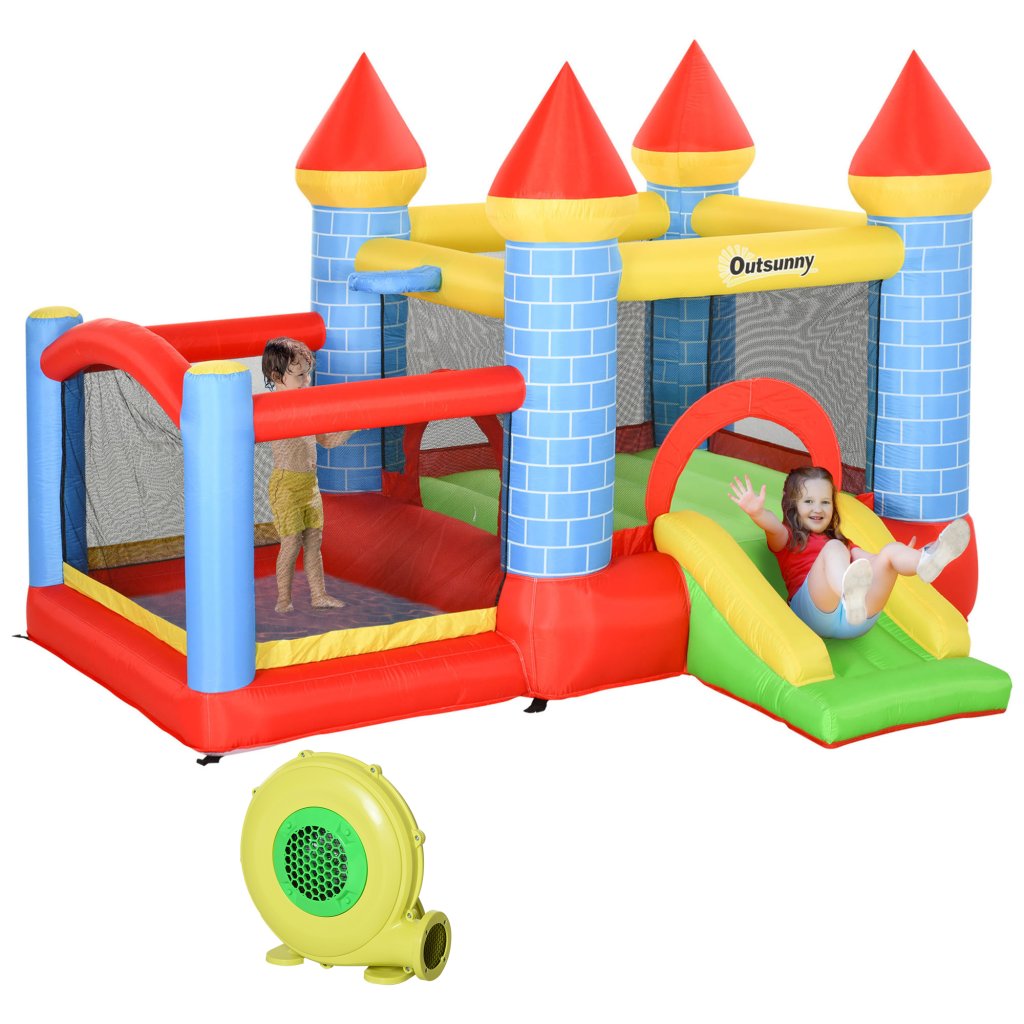 Outsunny 4-in-1 Kids Inflatable Bouncy Castle with Slide, Splash Pool, Basketball Hoop & Air Blower – Castle Design