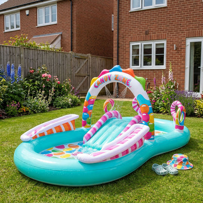 Wilko Candy Fun Pool | Inflatable Kids Paddling Pool with Slide & Sprinkle