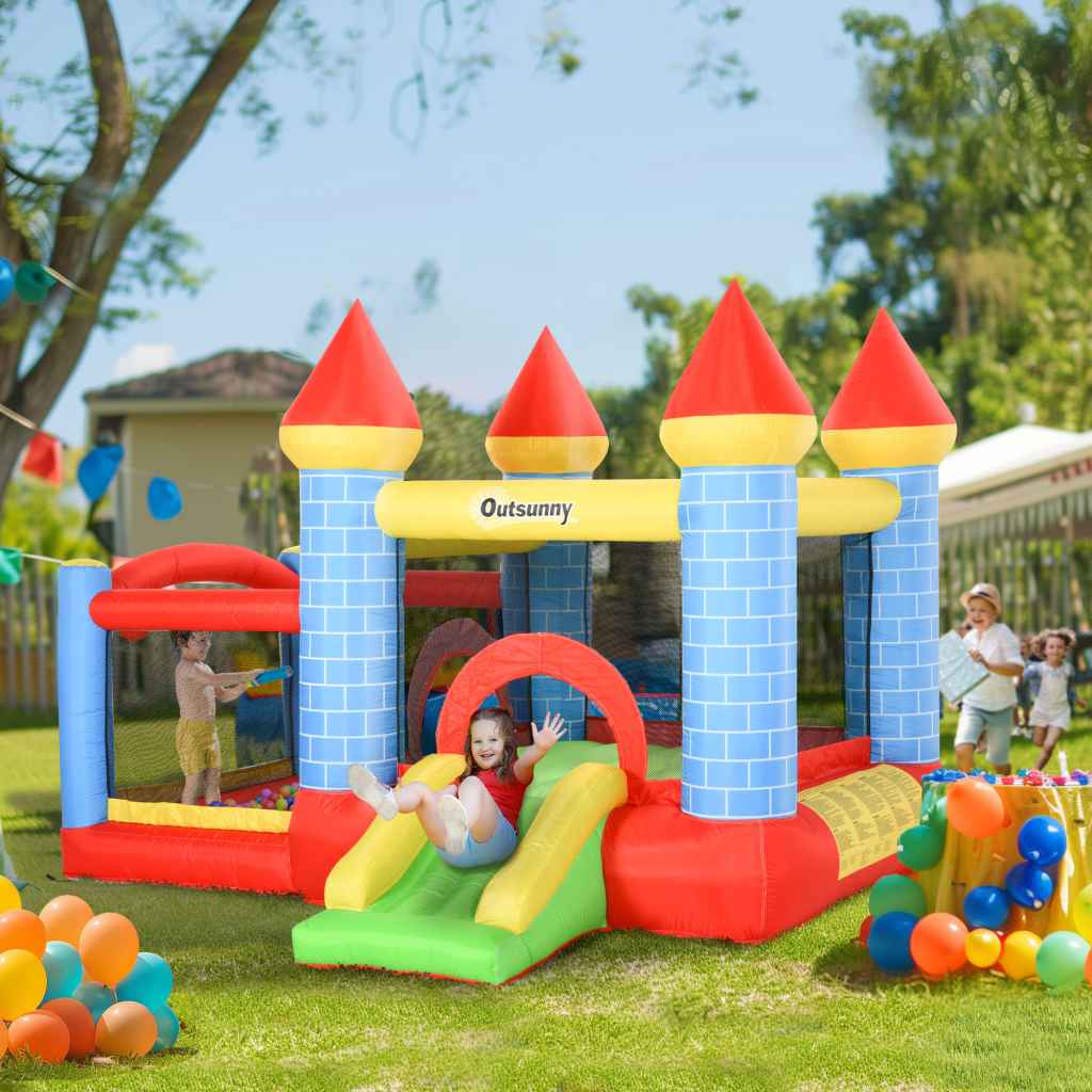 Outsunny 4-in-1 Kids Inflatable Bouncy Castle with Slide, Splash Pool, Basketball Hoop & Air Blower – Castle Design