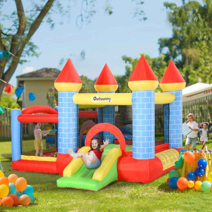 Outsunny 4-in-1 Kids Inflatable Bouncy Castle with Slide, Splash Pool, Basketball Hoop & Air Blower – Castle Design